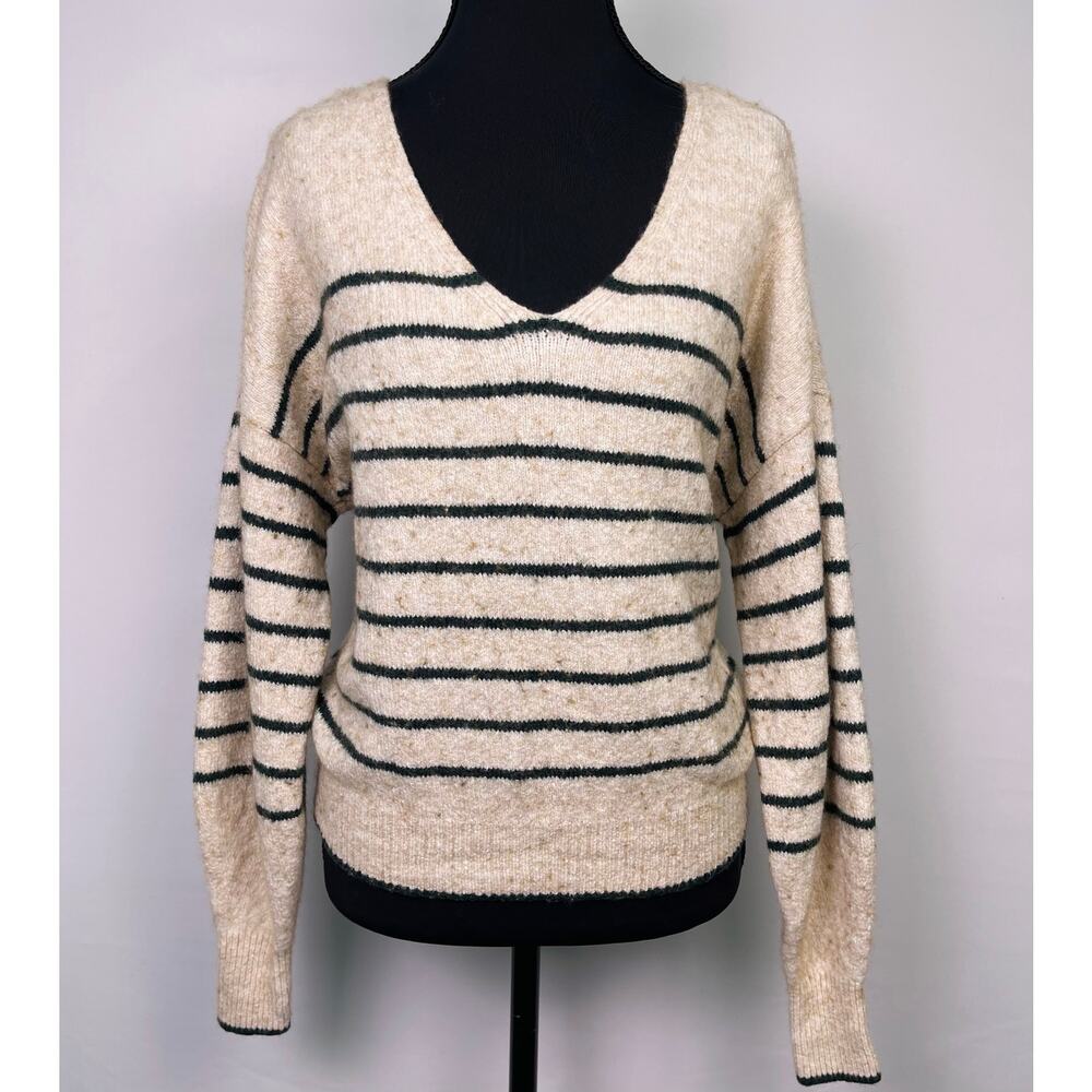 Madewell Merino Wool Oatmeal & Dark Green Striped V Neck Sweater Women’s Small - Picture 3 of 12